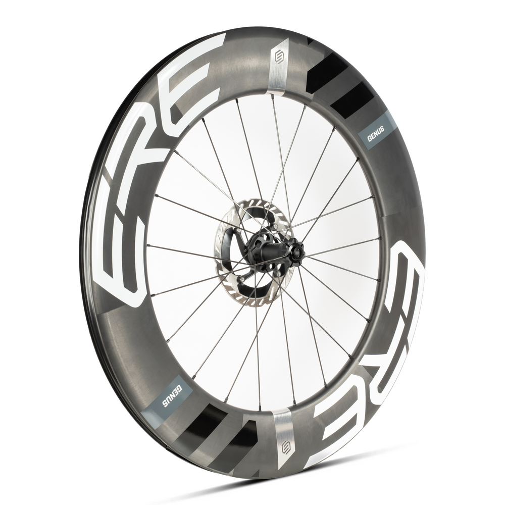 A black and gray Genus AE92-D aero front-disc wheel with a solid Panama SL hub and Sapim CX-Ray spokes.